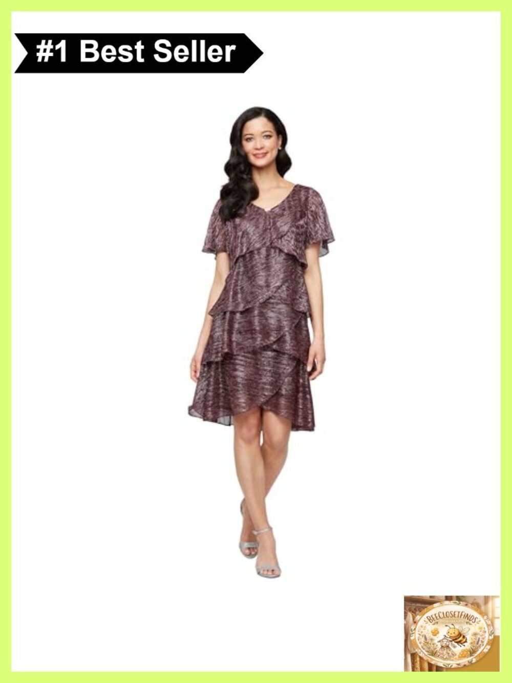 Tiered Cocktail Dress Crystal Beaded Flutter Sleeve Formal